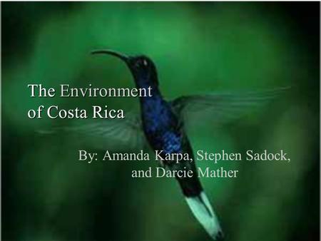 The Environment of Costa Rica By: Amanda Karpa, Stephen Sadock, and Darcie Mather.