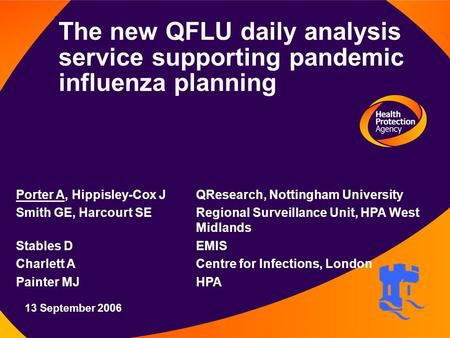 12 August 2003 The new QFLU daily analysis service supporting pandemic influenza planning Porter A, Hippisley-Cox J QResearch, Nottingham University Smith.