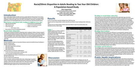 Racial/Ethnic Disparities in Adults Reading to Two Year Old Children: A Population-based Study Olivia Sappenfield Emory University School of Public Health.