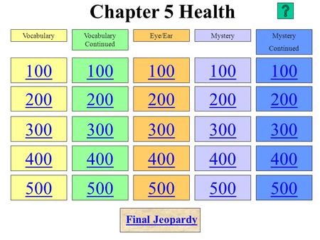 Chapter 5 Health 100 200 300 400 500 100 200 300 400 500 100 200 300 400 500 100 200 300 400 500 100 200 300 400 500 VocabularyVocabulary Continued Eye/EarMystery.
