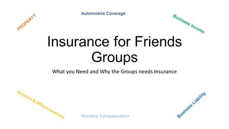 Insurance for Friends Groups What you Need and Why the Groups needs Insurance PROPERTY Business Income Directors & Officers insurance Business Liability.