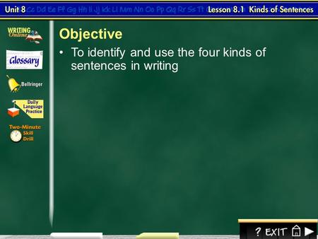Objective To identify and use the four kinds of sentences in writing