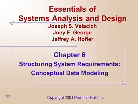 Copyright 2001 Prentice-Hall, Inc. Essentials of Systems Analysis and Design Joseph S. Valacich Joey F. George Jeffrey A. Hoffer Chapter 6 Structuring.