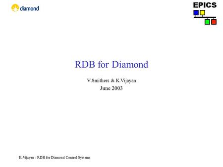 K.Vijayan : RDB for Diamond Control Systems RDB for Diamond V.Smithers & K.Vijayan June 2003.