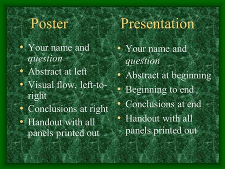 Poster Presentation Your name and question Abstract at left Visual flow, left-to- right Conclusions at right Handout with all panels printed out Your name.