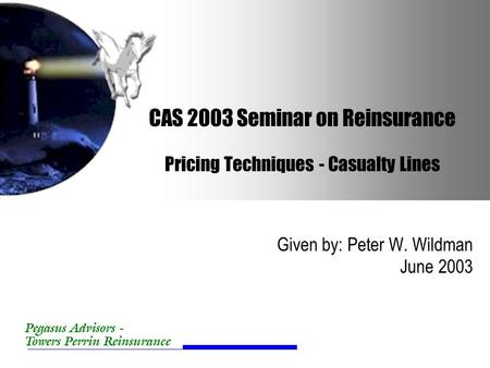 Pegasus Advisors - Towers Perrin Reinsurance CAS 2003 Seminar on Reinsurance Pricing Techniques - Casualty Lines Given by: Peter W. Wildman June 2003.