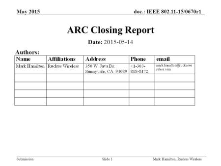 May 2015doc.: IEEE 802.11-15/0670r1 SubmissionSlide 1Mark Hamilton, Ruckus Wireless ARC Closing Report Date: 2015-05-14 Authors: