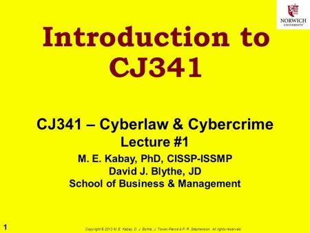 1 Copyright © 2013 M. E. Kabay, D. J. Blythe, J. Tower-Pierce & P. R. Stephenson. All rights reserved. Introduction to CJ341 CJ341 – Cyberlaw & Cybercrime.