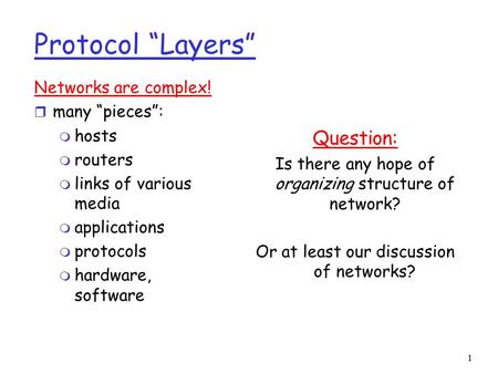 1 Protocol “Layers” Networks are complex! r many “pieces”: m hosts m routers m links of various media m applications m protocols m hardware, software Question: