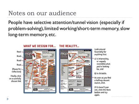 Notes on our audience People have selective attention/tunnel vision (especially if problem-solving), limited working/short-term memory, slow long-term.