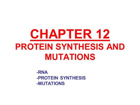 CHAPTER 12 PROTEIN SYNTHESIS AND MUTATIONS -RNA -PROTEIN SYNTHESIS -MUTATIONS.
