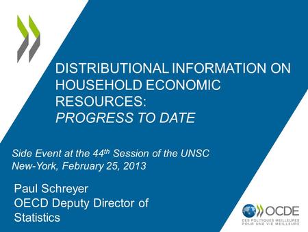 DISTRIBUTIONAL INFORMATION ON HOUSEHOLD ECONOMIC RESOURCES: PROGRESS TO DATE Paul Schreyer OECD Deputy Director of Statistics Side Event at the 44 th Session.