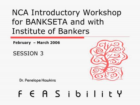 NCA Introductory Workshop for BANKSETA and with Institute of Bankers Dr. Penelope Hawkins Dr. Penelope Hawkins F E A S i b i l i t Y February – March 2006.