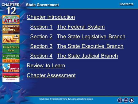 Contents Chapter Introduction Section 1The Federal System Section 2The State Legislative Branch Section 3The State Executive Branch Section 4The State.