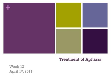 + Treatment of Aphasia Week 12 April 1 st, 2011. + Review Involvement of semantic and phonological stages in naming. Differentiating features of naming.
