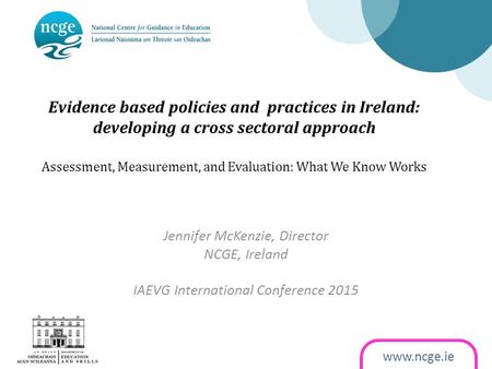 Www.ncge.ie Evidence based policies and practices in Ireland: developing a cross sectoral approach Assessment, Measurement, and Evaluation: What We Know.