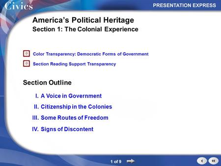 Section Outline 1 of 9 America’s Political Heritage Section 1: The Colonial Experience I.A Voice in Government II.Citizenship in the Colonies III.Some.
