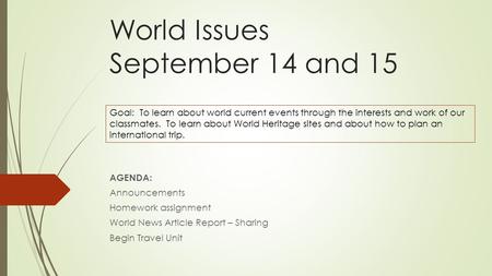 World Issues September 14 and 15 AGENDA: Announcements Homework assignment World News Article Report – Sharing Begin Travel Unit Goal: To learn about world.