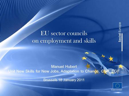 EU sector councils on employment and skills Manuel Hubert Unit New Skills for New Jobs, Adaptation to Change, CSR, EGF Brussels 18 January 2011.