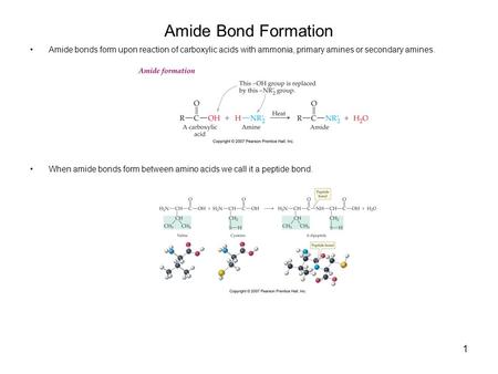 1 Amide Bond Formation Amide bonds form upon reaction of carboxylic acids with ammonia, primary amines or secondary amines. When amide bonds form between.