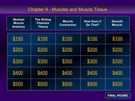 Chapter 9 - Muscles and Muscle Tissue $100 $200 $300 $400 $500 $100$100$100 $200 $300 $400 $500 Skeletal Muscle Anatomy The Sliding Filament Theory Muscle.