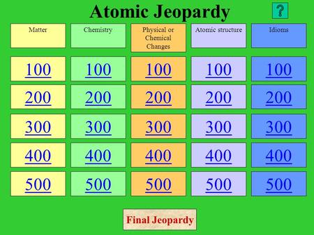 Atomic Jeopardy 100 200 300 400 500 100 200 300 400 500 100 200 300 400 500 100 200 300 400 500 100 200 300 400 500 MatterChemistryPhysical or Chemical.