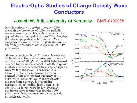 Electro-Optic Studies of Charge Density Wave Conductors Joseph W. Brill, University of Kentucky, DMR-0400938 One-dimensional charge-density-wave (CDW)