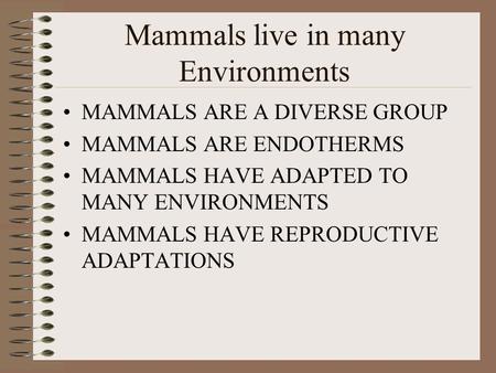 Mammals live in many Environments MAMMALS ARE A DIVERSE GROUP MAMMALS ARE ENDOTHERMS MAMMALS HAVE ADAPTED TO MANY ENVIRONMENTS MAMMALS HAVE REPRODUCTIVE.