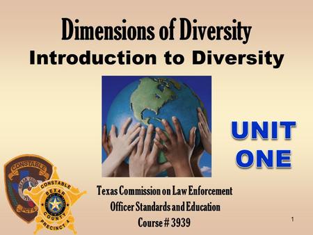 1 Dimensions of Diversity Introduction to Diversity Texas Commission on Law Enforcement Officer Standards and Education Course # 3939.