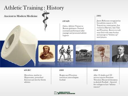 Athletic Training : History Ancient to Modern Medicine 150 AD: Galen, Athletic Trainer to Roman gladiators- Noticed increased performance after massage.