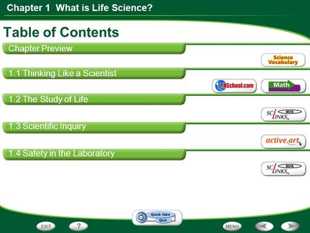 Chapter 1 What is Life Science? Chapter Preview 1.1 Thinking Like a Scientist 1.2 The Study of Life 1.3 Scientific Inquiry 1.4 Safety in the Laboratory.