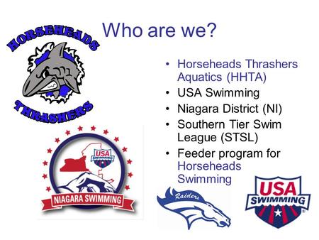 Who are we? Horseheads Thrashers Aquatics (HHTA) USA Swimming Niagara District (NI) Southern Tier Swim League (STSL) Feeder program for Horseheads Swimming.