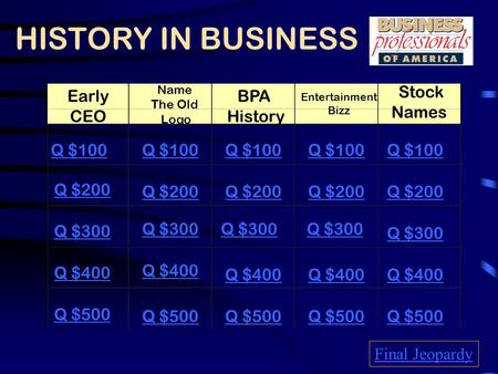 HISTORY IN BUSINESS Early CEO Name The Old Logo BPA History Entertainment Bizz Stock Names Q $100 Q $200 Q $300 Q $400 Q $500 Q $100 Q $200 Q $300 Q $400.
