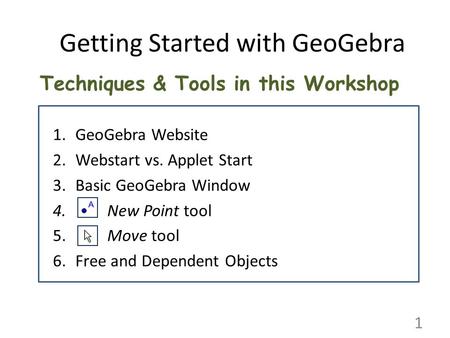 Techniques & Tools in this Workshop 1.GeoGebra Website 2.Webstart vs. Applet Start 3.Basic GeoGebra Window 4. New Point tool 5. Move tool 6.Free and Dependent.