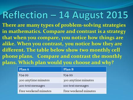 There are many types of problem-solving strategies in mathematics. Compare and contrast is a strategy that when you compare, you notice how things are.