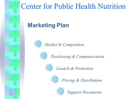 Market & Competition Positioning & Communication Launch & Promotion Pricing & Distribution Support Documents Center for Public Health Nutrition Marketing.