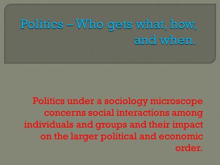 Politics under a sociology microscope concerns social interactions among individuals and groups and their impact on the larger political and economic order.