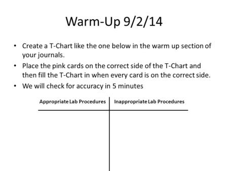 Warm-Up 9/2/14 Create a T-Chart like the one below in the warm up section of your journals. Place the pink cards on the correct side of the T-Chart and.