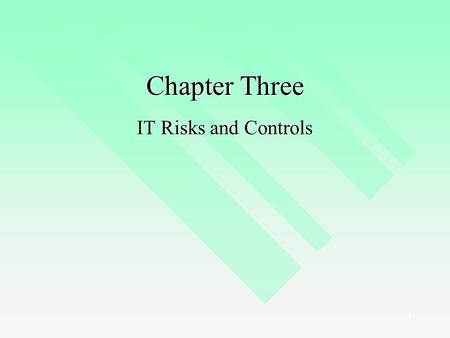 1 Chapter Three IT Risks and Controls. 2 The Risk Management Process Identify IT Risks Assess IT Risks Identify IT Controls Document IT Controls Monitor.