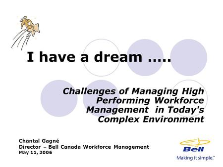 I have a dream ….. Challenges of Managing High Performing Workforce Management in Today's Complex Environment Chantal Gagné Director – Bell Canada Workforce.