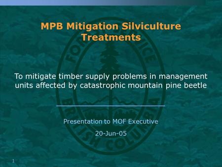 1 MPB Mitigation Silviculture Treatments To mitigate timber supply problems in management units affected by catastrophic mountain pine beetle Presentation.
