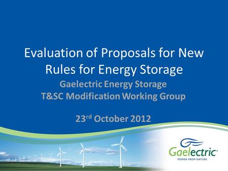 Evaluation of Proposals for New Rules for Energy Storage Gaelectric Energy Storage T&SC Modification Working Group 23 rd October 2012.
