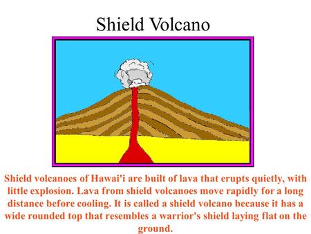 Shield volcanoes of Hawai'i are built of lava that erupts quietly, with little explosion. Lava from shield volcanoes move rapidly for a long distance before.