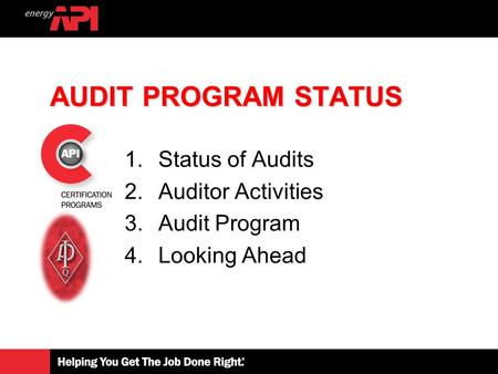 AUDIT PROGRAM STATUS  Status of Audits  Auditor Activities  Audit Program  Looking Ahead.