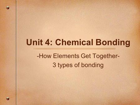 Unit 4: Chemical Bonding -How Elements Get Together- 3 types of bonding.