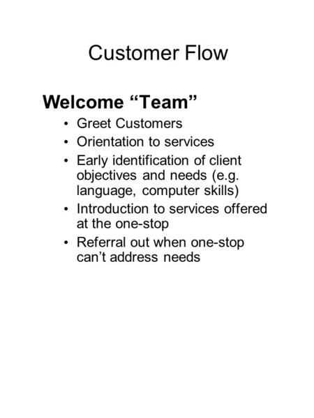 Customer Flow Welcome “Team” Greet Customers Orientation to services Early identification of client objectives and needs (e.g. language, computer skills)