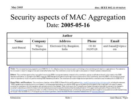 Doc.: IEEE 802. 11-05/0415r0 Submission May 2005 Amit Bansal, WiproSlide 1 Security aspects of MAC Aggregation Notice: This document has been prepared.