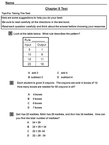 Name Chapter 8 Test Tips For Taking The Test Here are some suggestions to help you do your best: Be sure to read carefully all the directions in the test.