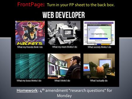 Homework: 4 th amendment “research questions” for Monday FrontPage: Turn in your FP sheet to the back box.