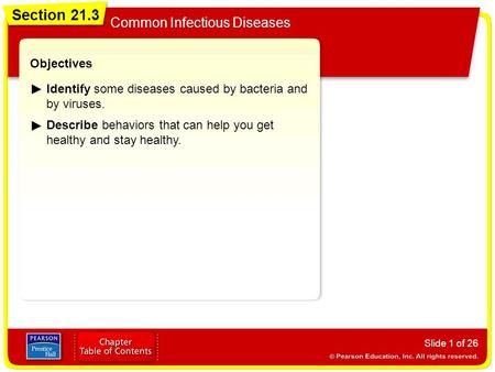 Section 21.3 Common Infectious Diseases Slide 1 of 26 Objectives Identify some diseases caused by bacteria and by viruses. Describe behaviors that can.
